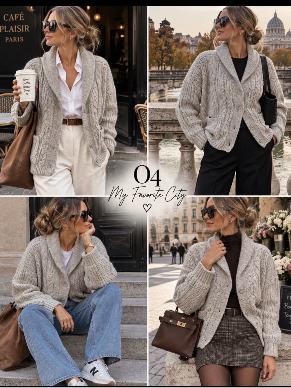 Chunky🔥WOOL Classic Cable Knit White/Gray Cardigan Oversized SzS/M CHIC PriceFir
